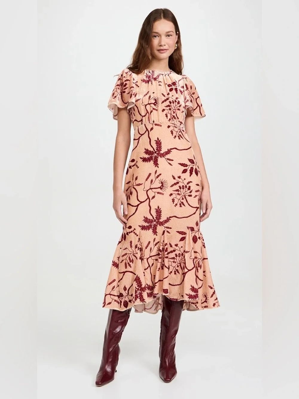 Peach Red Size 4 Velvet Flutter Midi Dress Fall